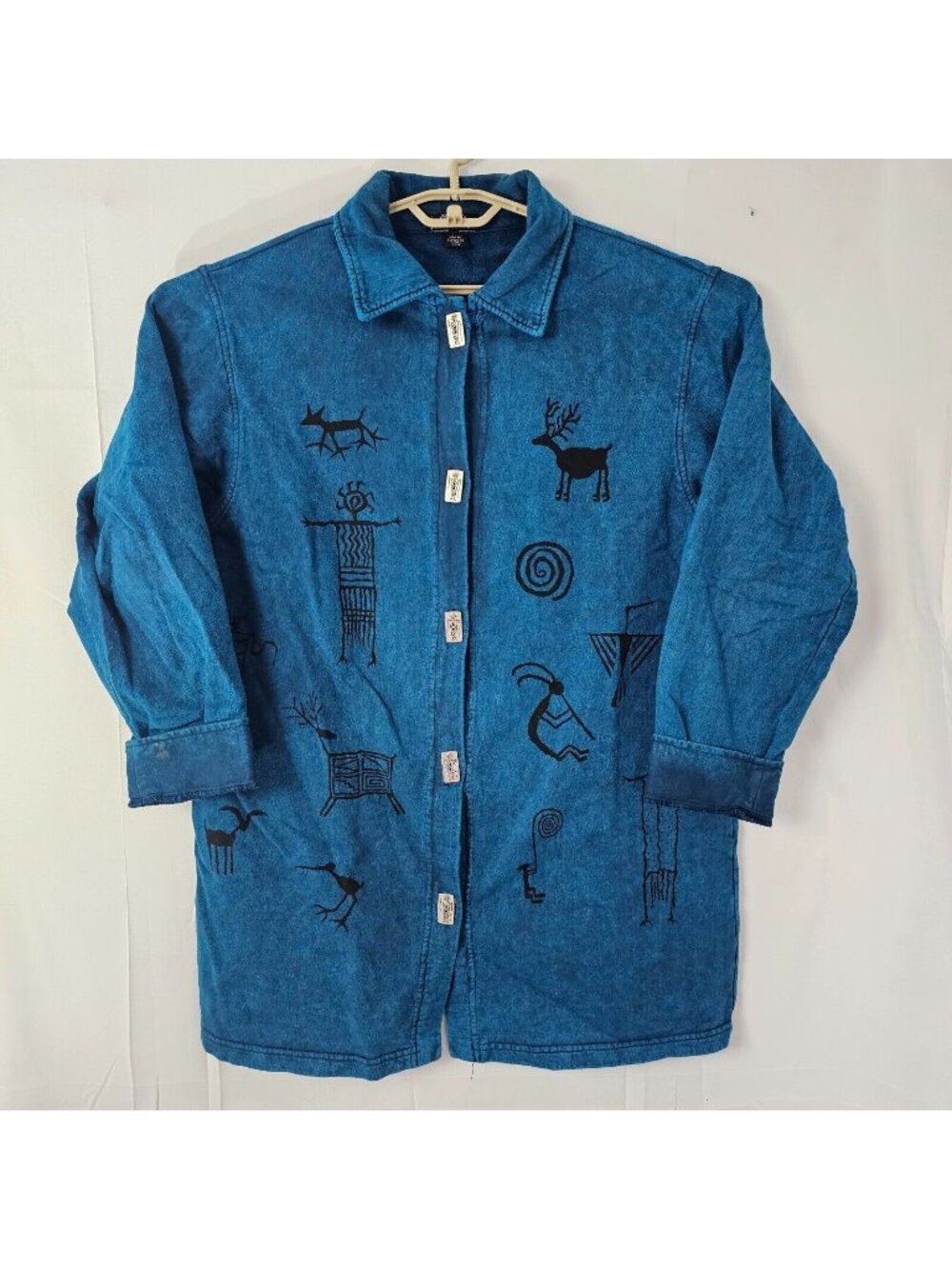 Bfofo Button Up Shirt Womens L Blue Aztec Long Sleeve Shacket Cave Art 90s